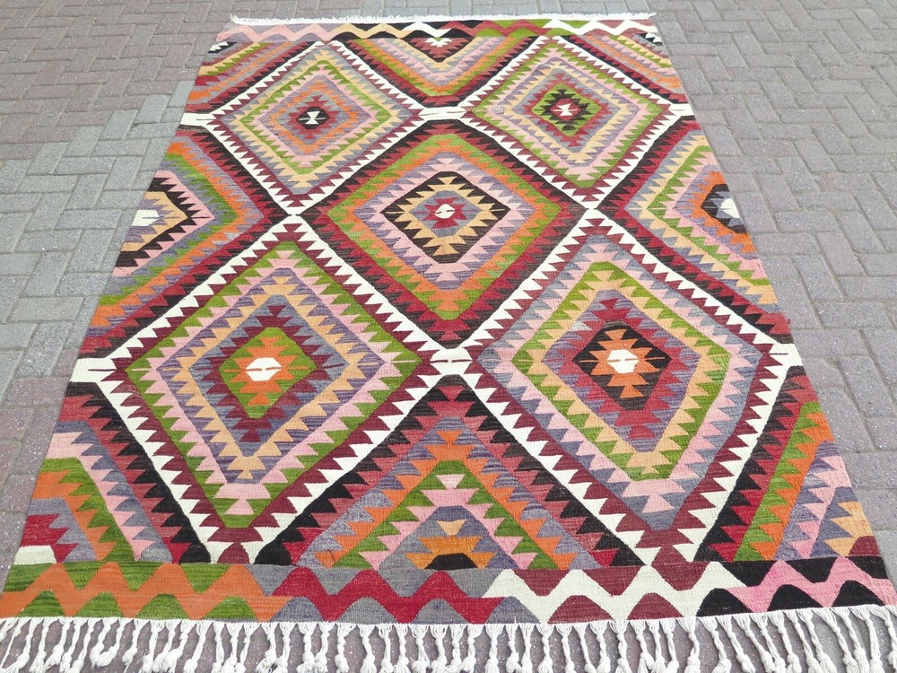 Authentic Vintage Turkish Wool Carpet Rug, Handmade Tribal Geometric 77" x 104"