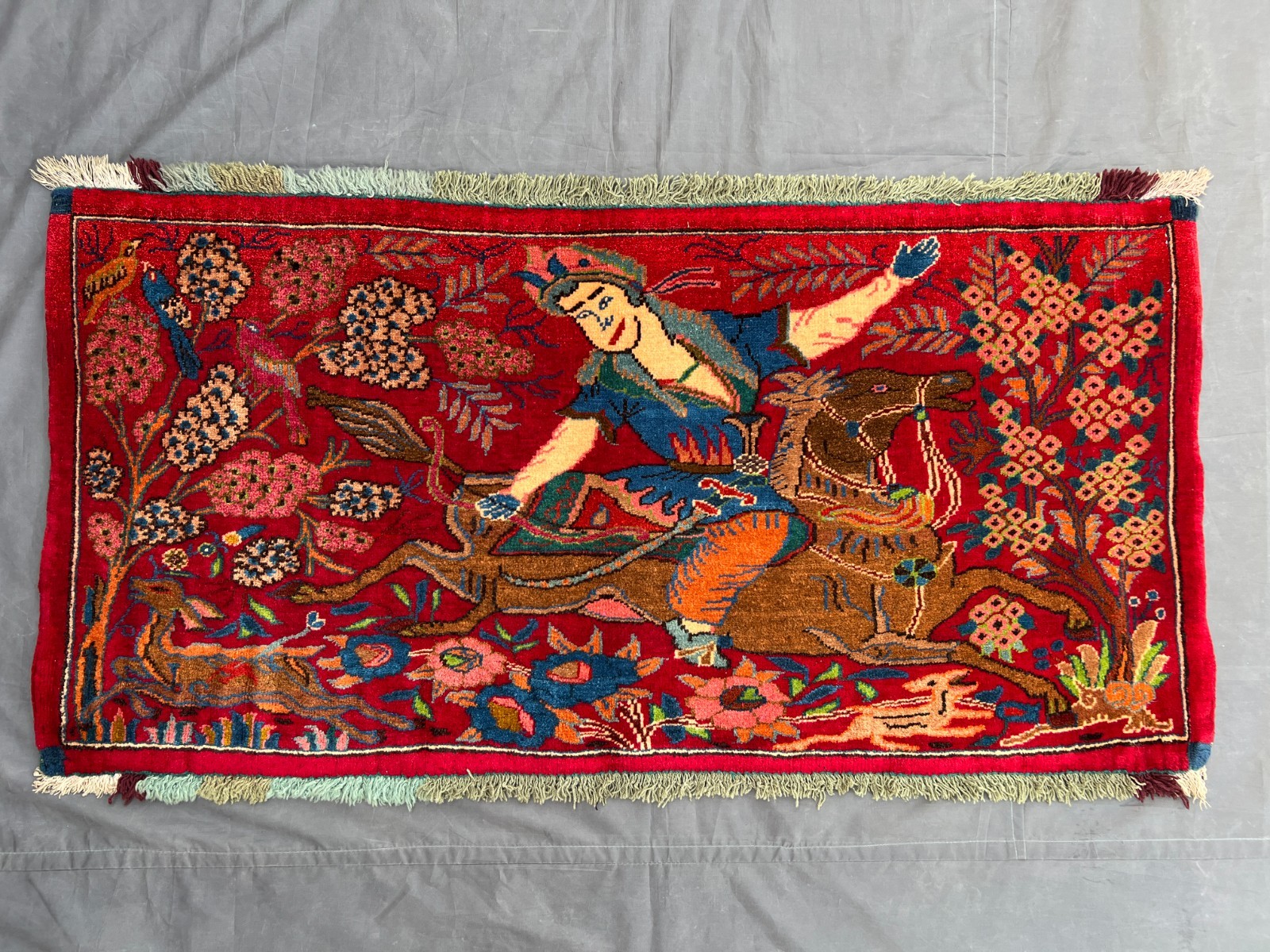 Red Turkish Pictorial Rug 2x4 Hand Knotted Hunting Scene Horse Tribal Boho Wool gallery