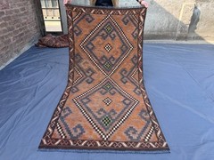 Vintage Terracotta Faded Kilim Rug Wool Geometric Tribal Handmade Kitchen Rug