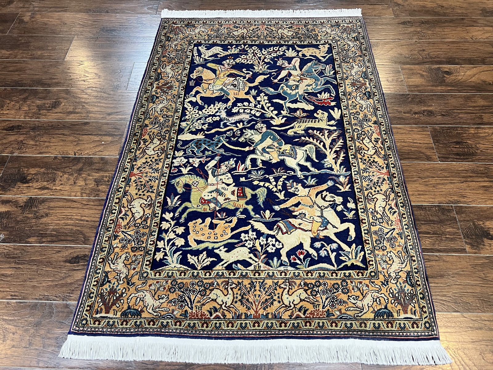 Oriental Rug 4x5 Vintage Wool Handmade Hunting Design Carpet Navy Blue & Mustard gallery