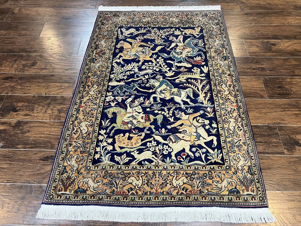 Oriental Rug 4x5 Vintage Wool Handmade Hunting Design Carpet Navy Blue & Mustard
