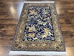 Oriental Rug 4×5 Vintage Wool Handmade Hunting Design Carpet Navy Blue & Mustard