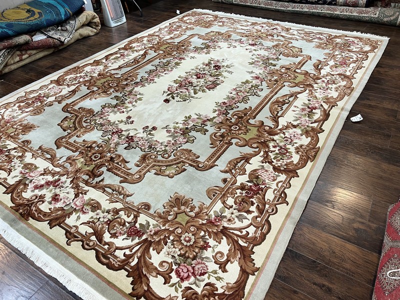 Aubusson Rug 10x13 Cream Mint Green Handmade French European Wool Pile Large Rug gallery
