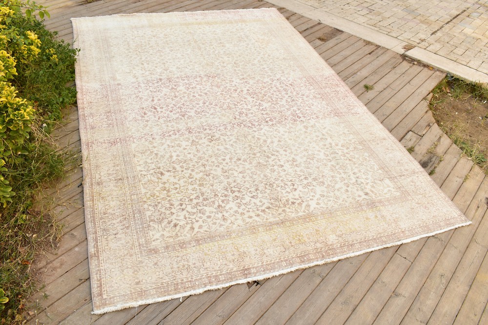 Oushak Turkey Rug 6x9 Vintage Beige Color Low Pile Floral Design Rug 198x295cm