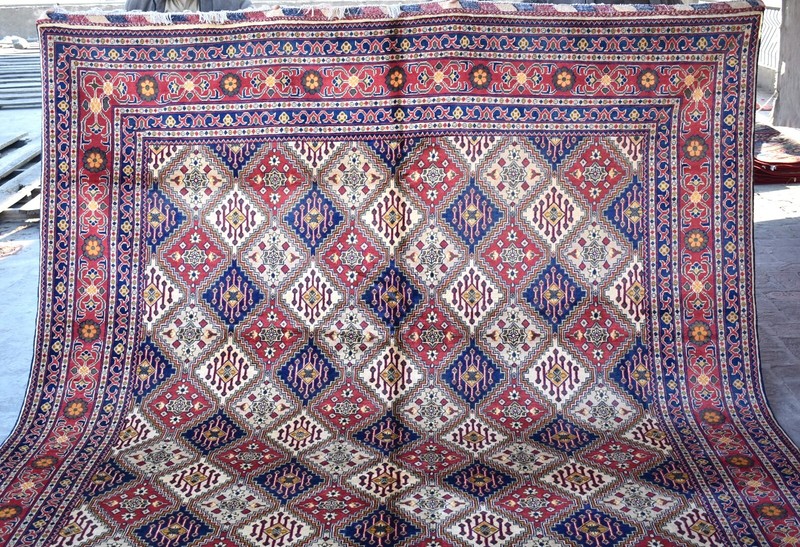 9x12 ft Vintage Afghan Turkmen Oriental Rug Beige Blue Red Hand Knotted Area Rug gallery