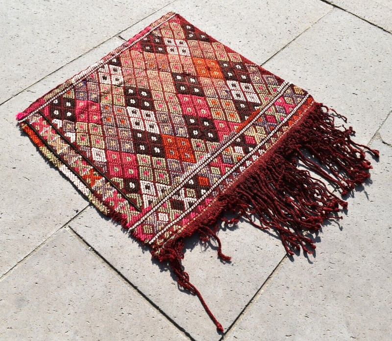 Antique Turkish Rug 15'' x 14'' Armanian Weave Collector's Item Kilim Bag Face gallery