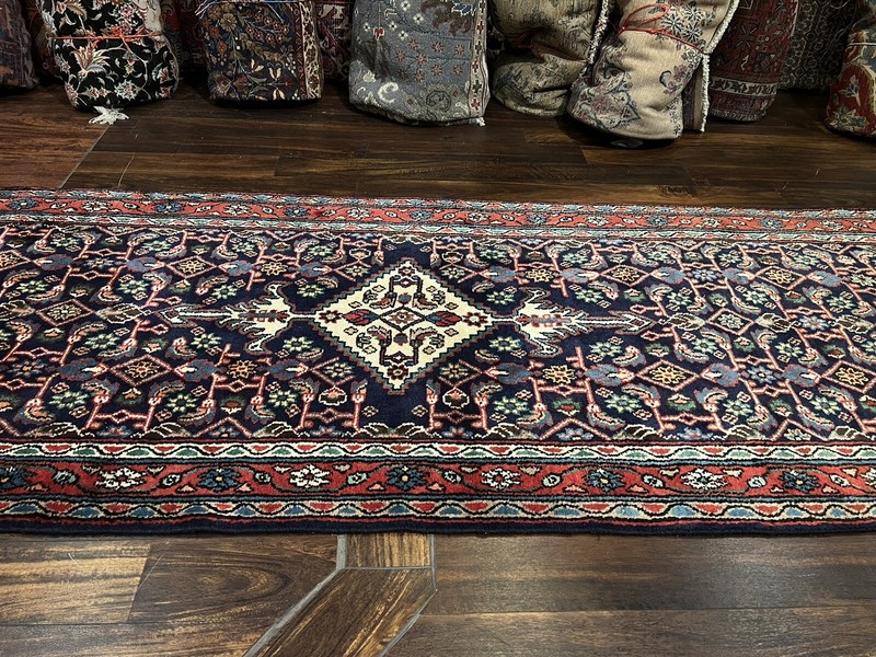 Beautiful Navy Hand Knotted Vintage Hamadan Geometric Runner Rug 3’2”x16’5”,1056 gallery