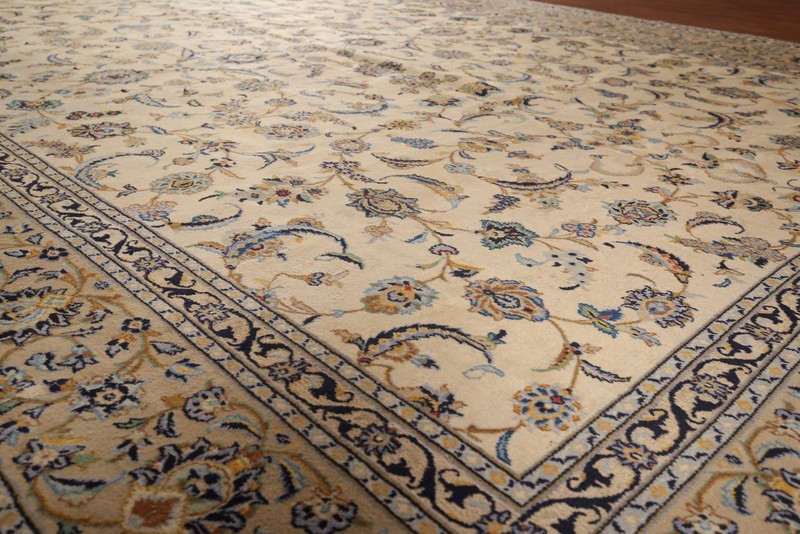 Vintage Ivory Wool Handmade Floral Kashaan Palace size Rug 11x16 Living Room Rug gallery