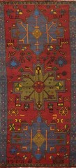 Geometric Wool Red Runner Rug 9 ft Hand-made Vintage Traditional Carpet 4×9