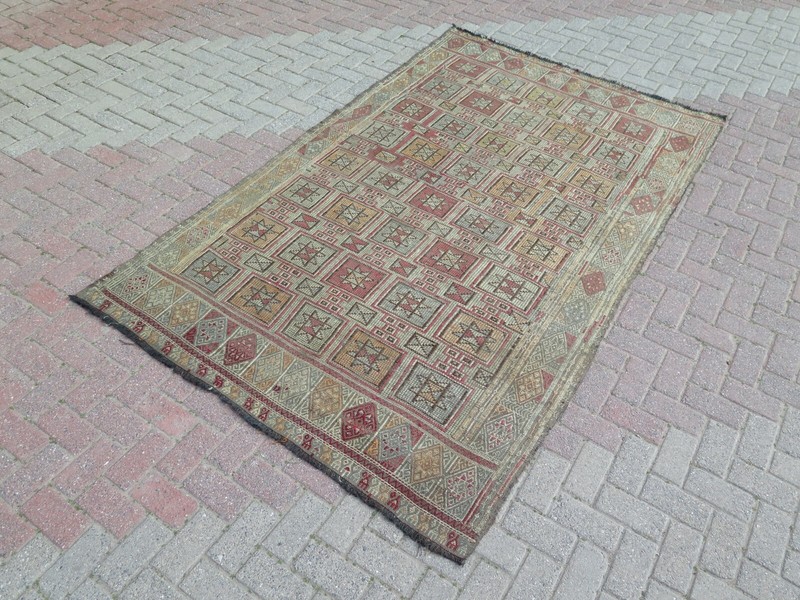 Star Motifs Pale Colors Home Decor Carpet, Vintage Turkish Nomads Rug 63"X105" gallery