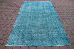 Vintage Blue Hand Knotted Carpet Turkish Ethnic Anatolia Overdyed Area Rug 6x9ft