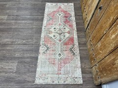 2×6 Faded Red Green Vintage Turkish Runner Rug, Hand-Knotted Anatolian Wool Rug