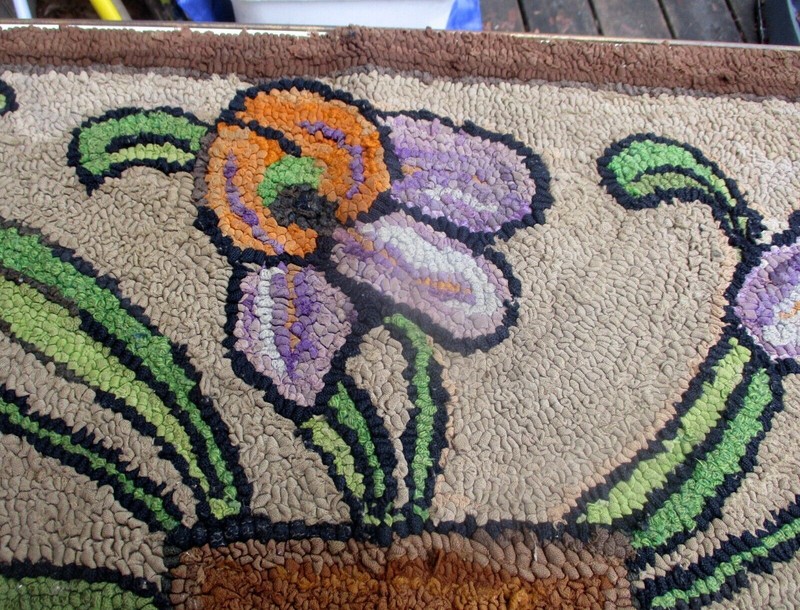 Antique American Hand HOOKED RUG IRIS WALL ART Hanging BOTANICAL FOLK ART gallery