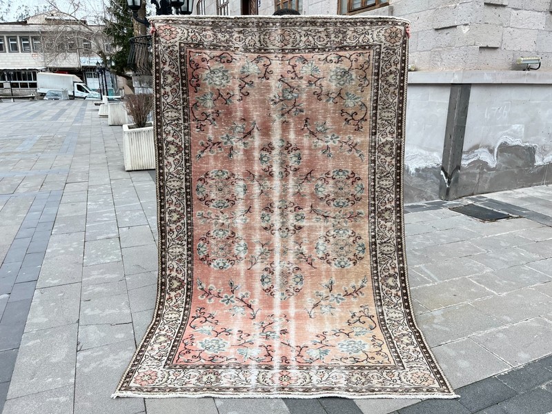 5.3x8.6 Ft Vintage Turkish Rug Distressed Floral Oushak Style Wool 5x9 gallery