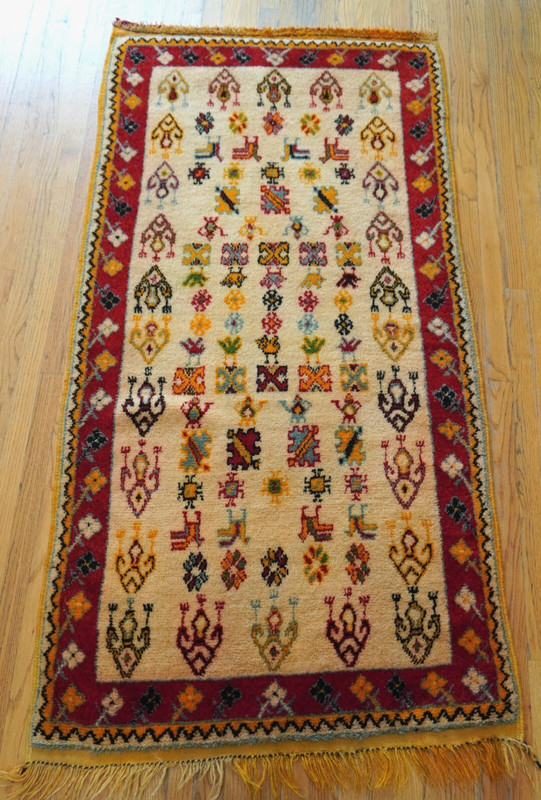 3'3" x 6'6" ANTIQUE MOROCCAN HAND KNOTTED WOOL IVORY GOLD RUG, BIRDS, TEA-POTS gallery