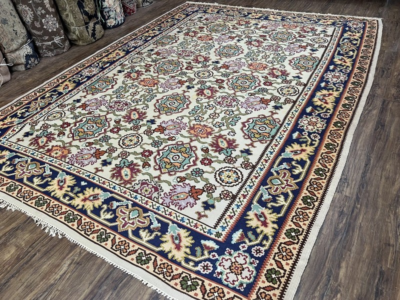 Antique Turkish Kilim Rug 7x10 Allover Ivory Cream Maroon Wool Flatweave Large gallery