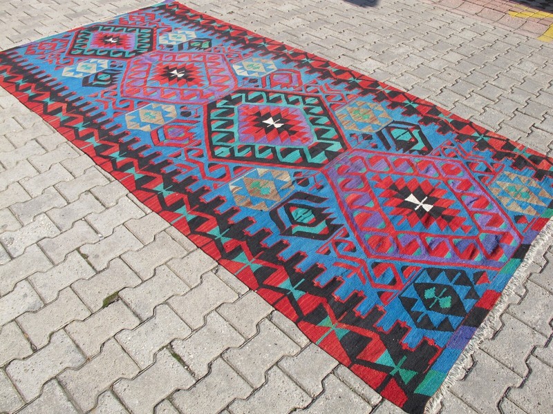 Vintage Turkish Kilim Rug Blue Handmade wool Vibrant Turquoise 1970s Rug Carpet gallery