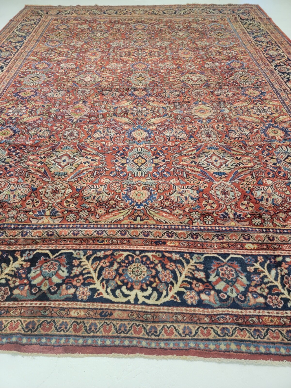 Antique Oriental Hand-Knotted Wool Area Rug Red/Navy Blue/Ivory/Blue 12' x 16' gallery