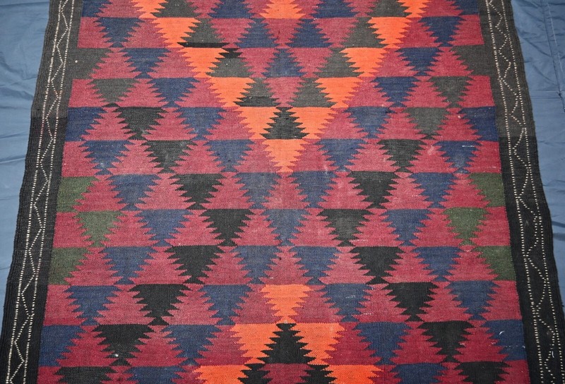 1940s Antique Afghan Geometric Kilim Rug 4x12 ft Handwoven Faded Wide Runner Rug gallery