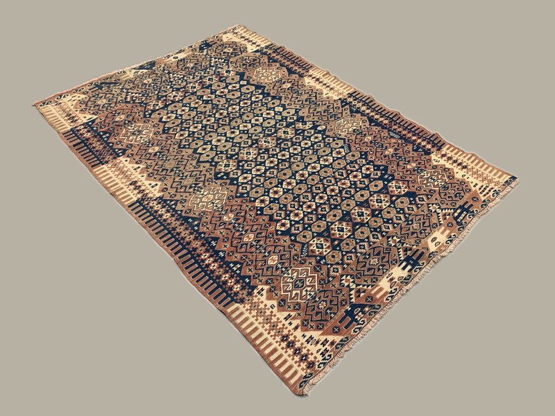 Vintage Turkish Kilim 207x147 cm Tribal Kelim Rug, Blue, Red, Beige, Medium gallery