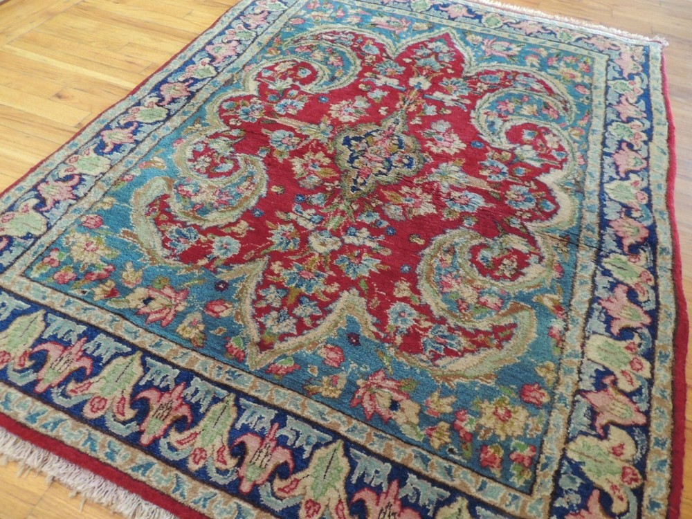 Antique 4x6 Kermaan Oriental Area Rug Red Blue fleur de lis design wool plush