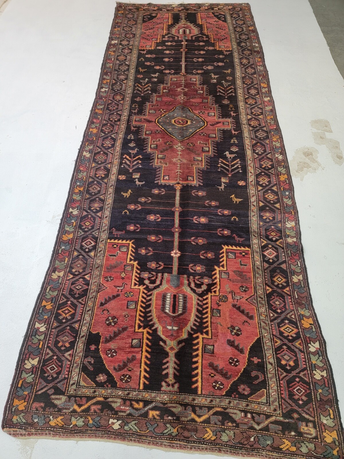 Antique Oriental Hand-Knotted Wool Runner Black/Red/Green/Blue 4'7" x 12'6" gallery