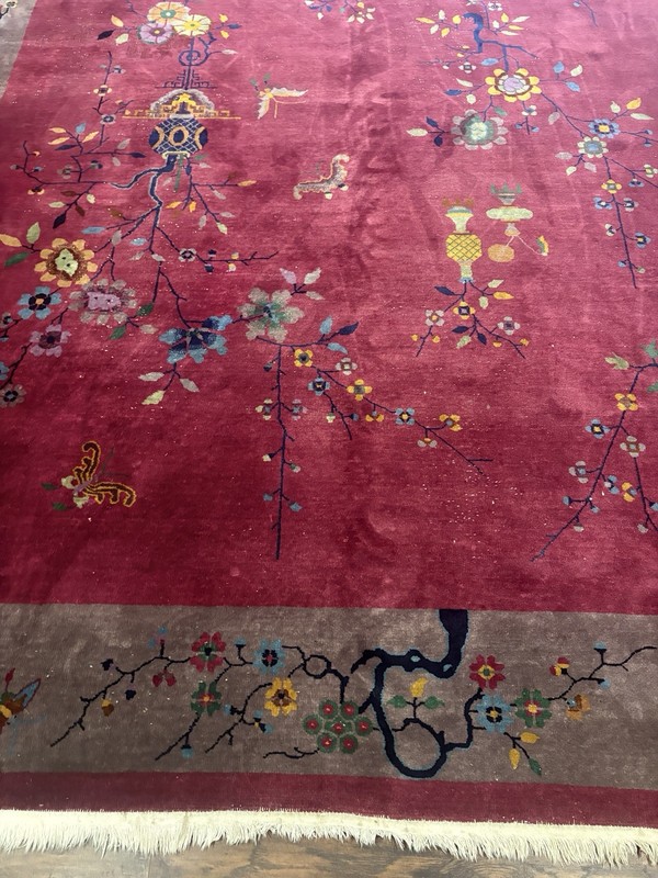 11.5x8.8 FT Vintage Handmade Chinese Art Deco Wool Rug ( C 1920’s) . gallery