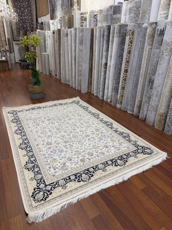 Luxury Turkish Silk Rug 7x10 Ft Ivory Black Floral Oriental Carpet New gallery