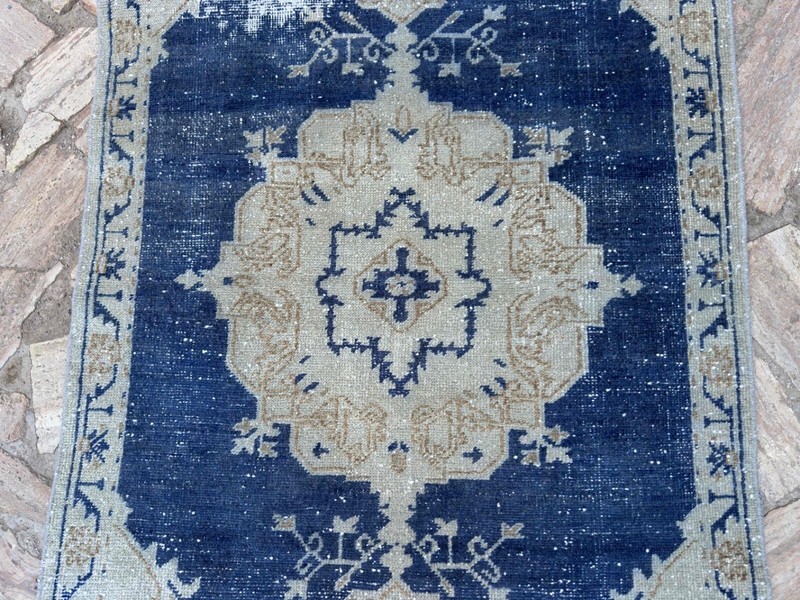 Hand-Knotted Turkish Carpet 3x5 Blue Wool Distressed Rug Muted Anatolian Carpet gallery