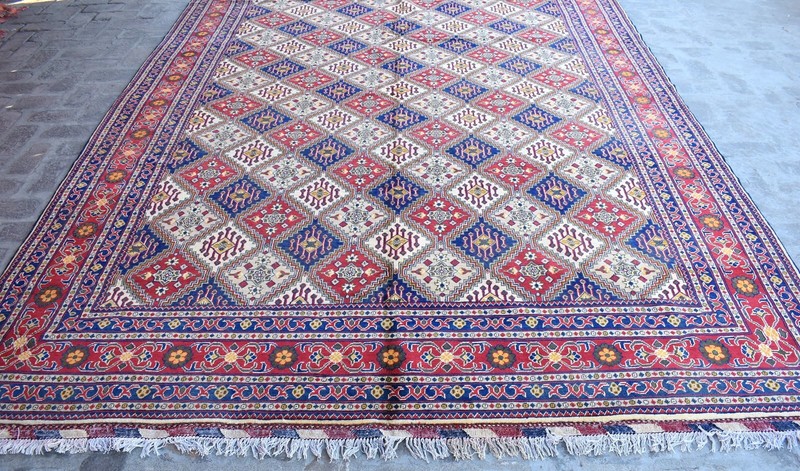 9x12 ft Vintage Afghan Turkmen Oriental Rug Beige Blue Red Hand Knotted Area Rug gallery