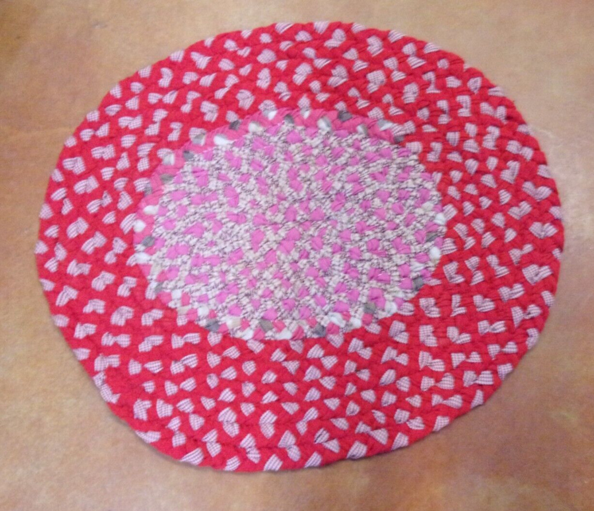 Vintage Handmade Braided Rug - New/Unused - 28" X 25" - Red/Pink gallery