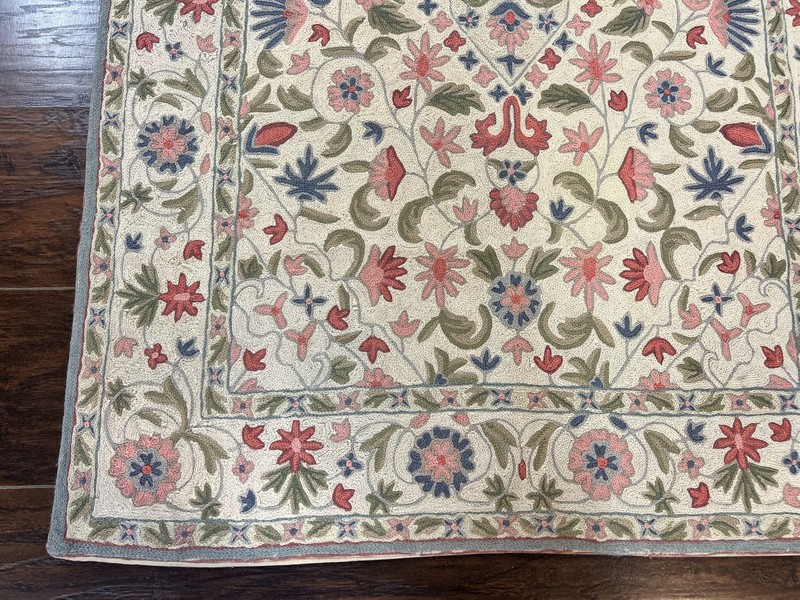 Hand Stitched Indian Rug 4x5, Floral, Vintage Hand Embroidered Rug gallery