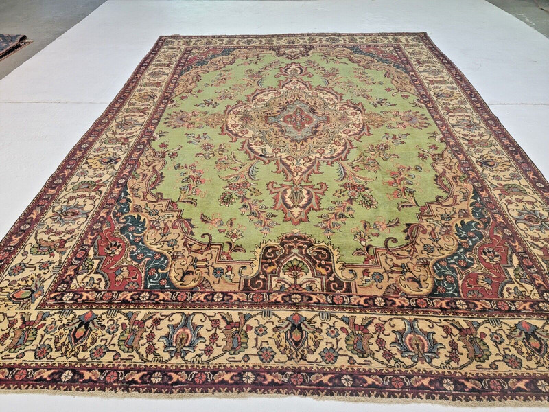 Antique Oriental Hand-Knotted Wool Area Rug Green/Beige/Red 9'6" x12'10" gallery