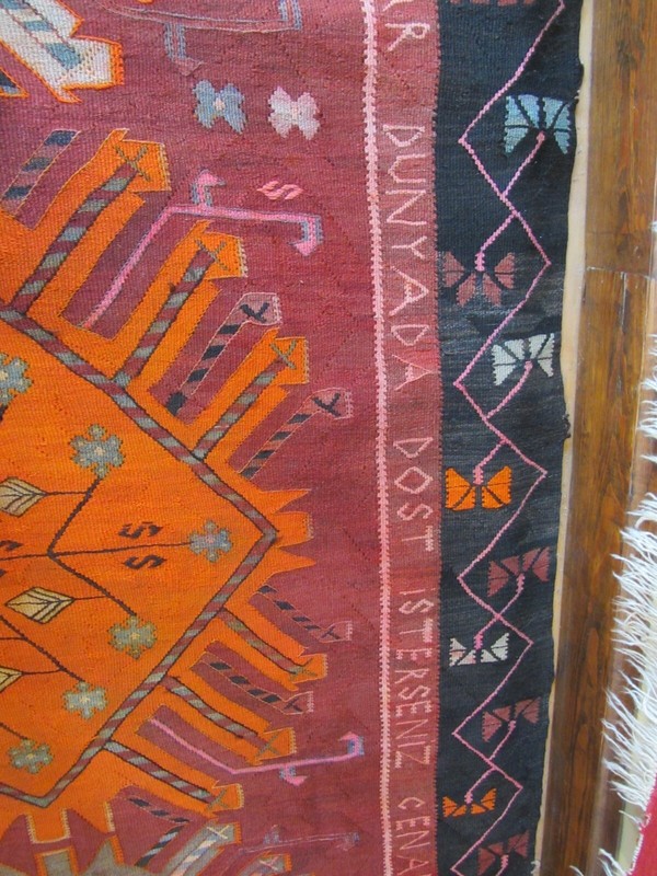 Turkish Kilim Rug Large 5'3" x 11' Woven Text Dated 1967 Banquet? Yoruk? Rare gallery