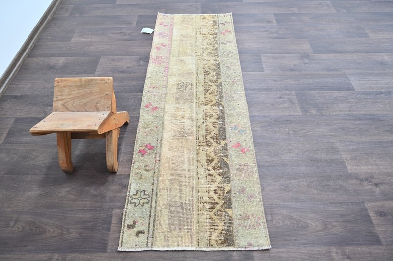 Vintage Turkish Runner Rug 2x5ft Wool Anatolian Handmade Hallway Oushak BEIGE gallery
