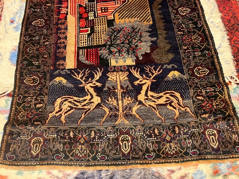 220 X 120 COLLECTORS' ITEM Vintage Stunning Pictorial Shikargah Deer Hunting Rug gallery