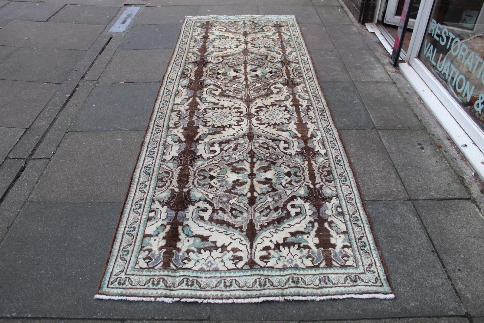 Vintage Hand Made Traditional Oriental Wool Brown Grey Long Runner 310x112cm gallery
