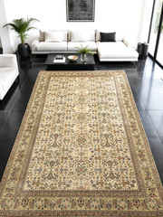 Turkish Vintage Carpet, 6.4×9.5ft, Beige Antique Bordered Handmade Area Rug