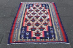 Vintage Traditional Hand Made Oriental Wool Cotton White Blue Kilim 174x111cm