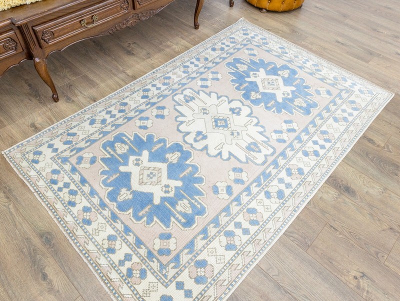 Modern Turkish Oushak Pink Blue Vintage Area Rug 4.2x6.6 ft Handmade Wool Carpet gallery