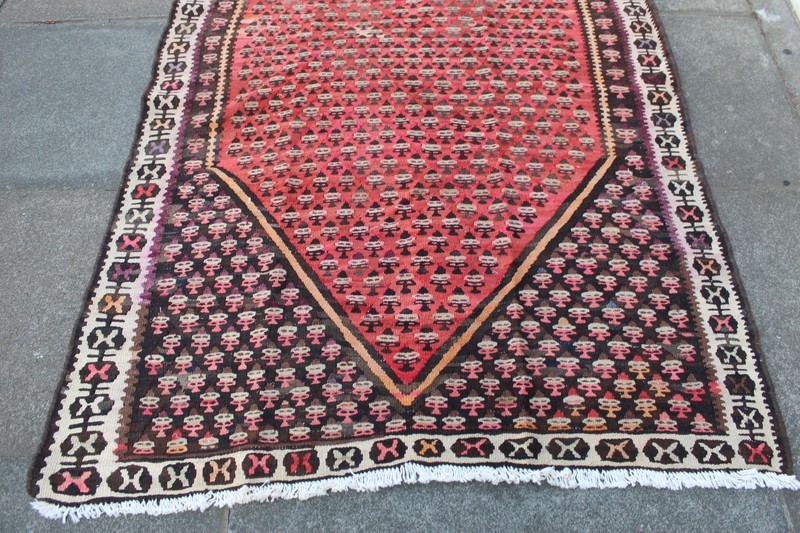 Vintage Traditional Hand Made Oriental Wool Red Pink Long Large kilim 274x127cm gallery