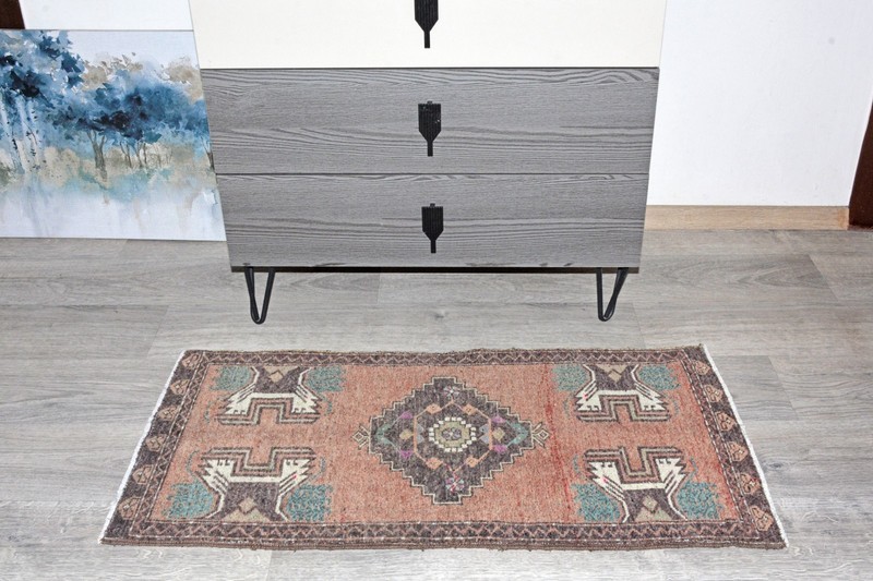Vintage Turkish Red Rug 20x42 Inches | Small Oushak Rug | Distressed Modern Rug gallery