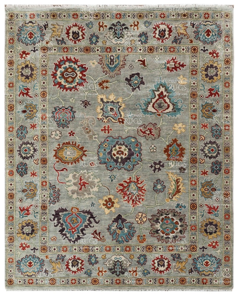 Handknotted Gray Multi Floral Geometric Rug 8x10 ft