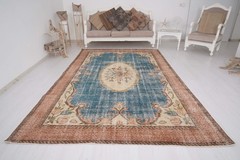 7×10 Turkish Oversize Vintage Rug Neutral Handmade Oushak Large Faded Rug 420