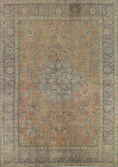 Semi-Antique Handmade Orange Wool Geometric Tebriz Room Size Rug 10×13 Carpet