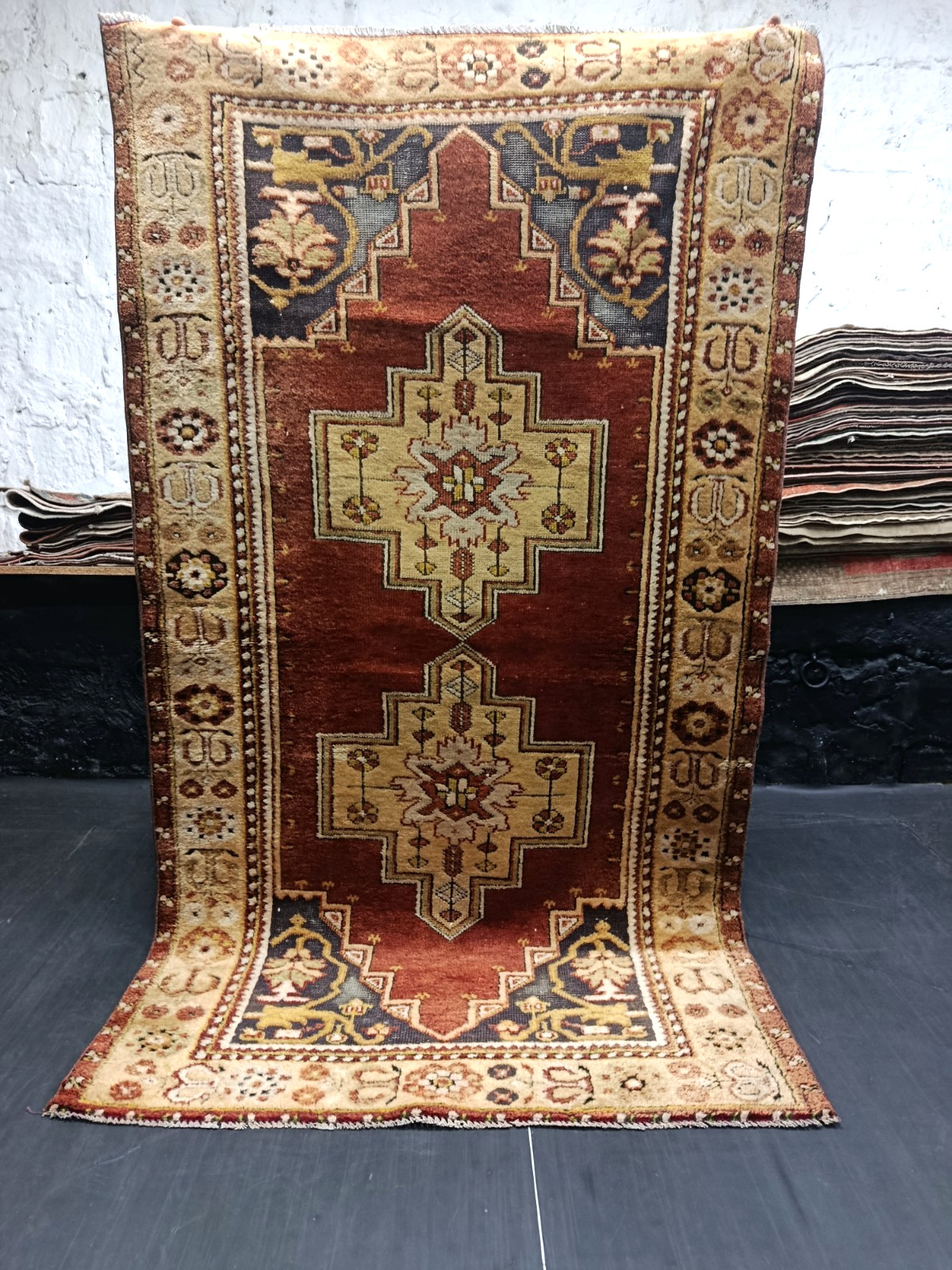 Vintage Turkish Red Beige Rug, 3.7x6.7ft, Antique Geometric Oriental Accent Rug, gallery