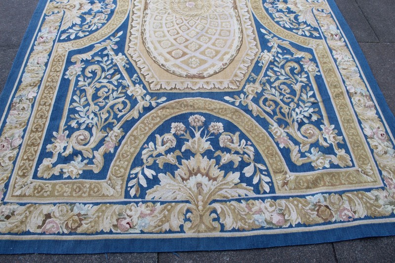 Vintage Hand Made French Design Wool Blue Gold Original Aubusson 282X180cm gallery