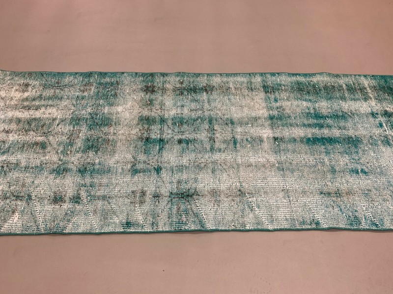 Distressed Turkish Narrow Runner 288x84 cm wool Vintage rug, Overdyed Green gallery