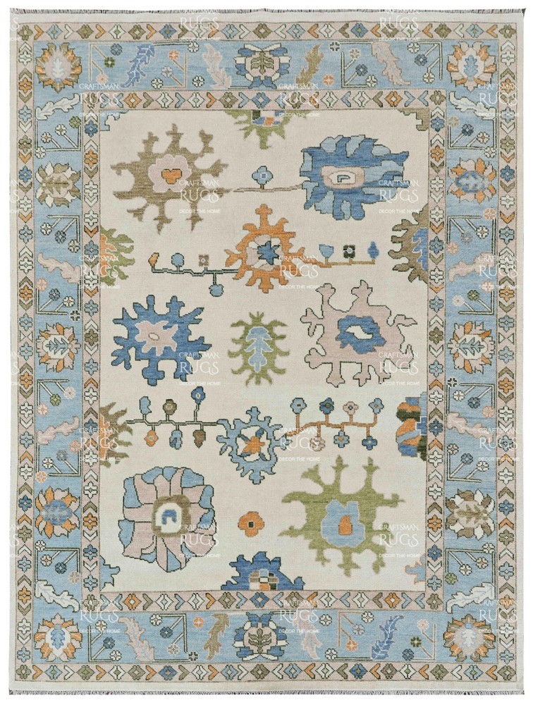 9x12 ft Ivory Hand made Oushak Living Area Rugs, Oriental Floor Carpet