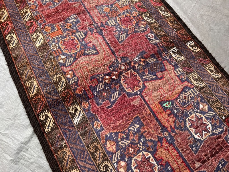 2'7x9 ft Vintage Afghan Baluchi Hand Knotted Wool Rust Blue Floral Star Runner gallery